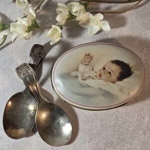 Antique Baby Spoons Curved Handles Lot Of 2 And Vintage "Awakenings" Trinket Box
